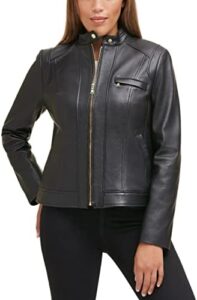 cole-haan-women's- zip-front-fully-lined- leather-coat